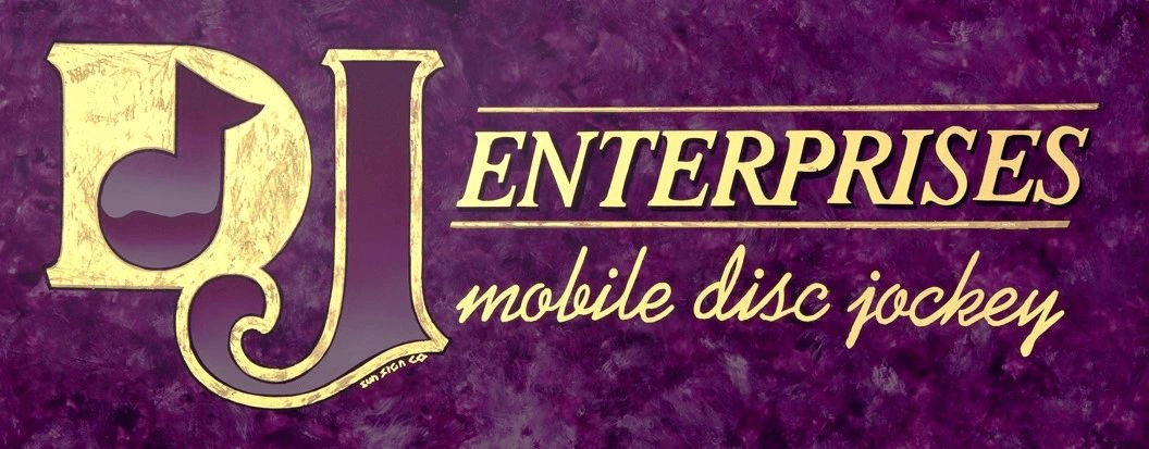 DJ Enterprises Mobile Disc Jockey Logo, Gold leaf on glass.