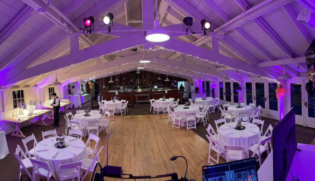 Purple Ape Labs Up Lighting at Mission Ranch in Carmel-by-the-Sea, California Wedding uplighting in Carmel-by-the-Sea | Wedding uplighting in Carmel CA provided by DJ Enterprises Mobile Disc Jockey. 70th Birthday party in Carmel, Ca