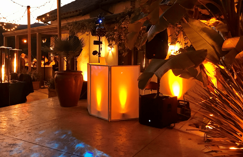 DJ facade and lighting | patio heaters | wedding rentals | DJ sound system