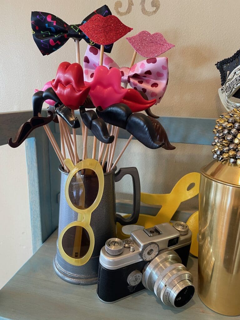 3D Lips & Mustache props. Vintage sunglasses. Vintage camera prop. Vintage cocktail shaker prop.