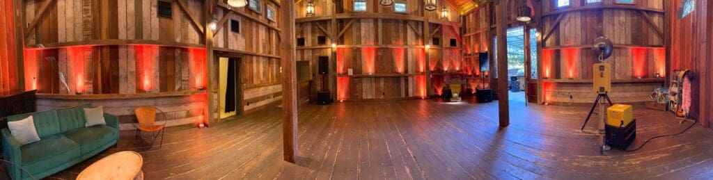 DJ, Vintage style classic Photo Booth and Up lighting @ Waterfall Lodge, Ben Lomond, California. Wedding reception Must-have photo booth. Barn weddings in Santa Cruz, California.
