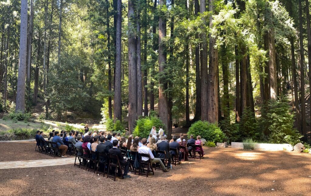 Wedding Ceremony at Waterfall Lodge and Retreat, Ben Lomond, California | The Redwood Cathedral, outdoor wedding ceremony site. Ben Lomond wedding DJs | Santa Cruz wedding DJs