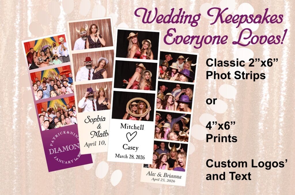 Wedding Keepsakes classic 2"x6" photo strips. Custom logo with custom text. Awesome Sauce photo booth or the Icebreaker photo booth. Classic Vintage Photo Booth rentals in Monterey, California. Awesomesauce photo booth.