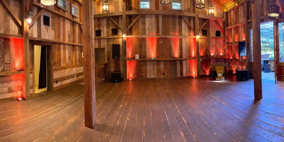 DJ, Vintage style classic Photo Booth and Up lighting @ Waterfall Lodge and Retreat, Ben Lomond, California. Wedding reception Must-have photo booth. Barn weddings in Santa Cruz, California. Santa Cruz wedding DJ at the Waterfall Lodge and Retreat.